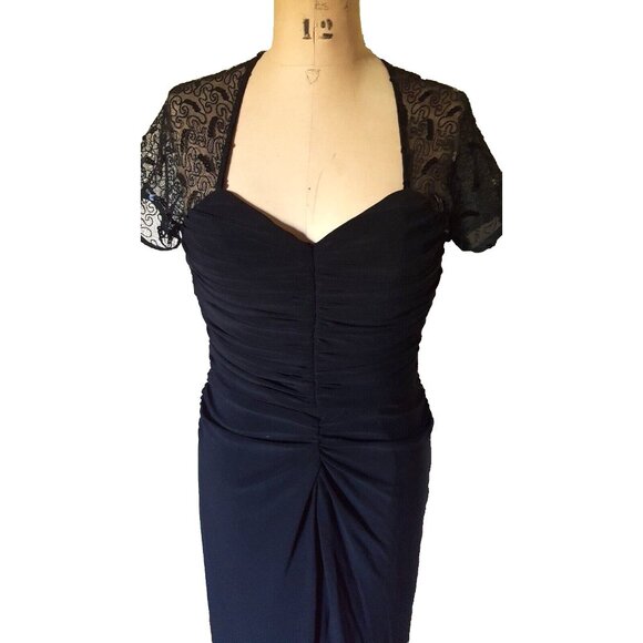 Joseph Ribkoff formal maxi gown cocktail dress, rouched, lace fitted, black M - Picture 1 of 12
